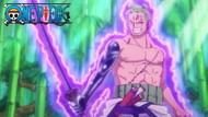 Zoro trains with Enma to resist it draining his armament haki, shown here by the purple aura surrounding Zoro. (Image via Toei Animation)